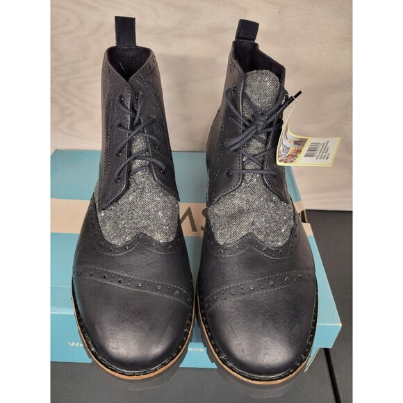 Toms Men\'s SZ 14 Brogue Leather Ankle Boots Vibram Soles Lace Up Black Ankle